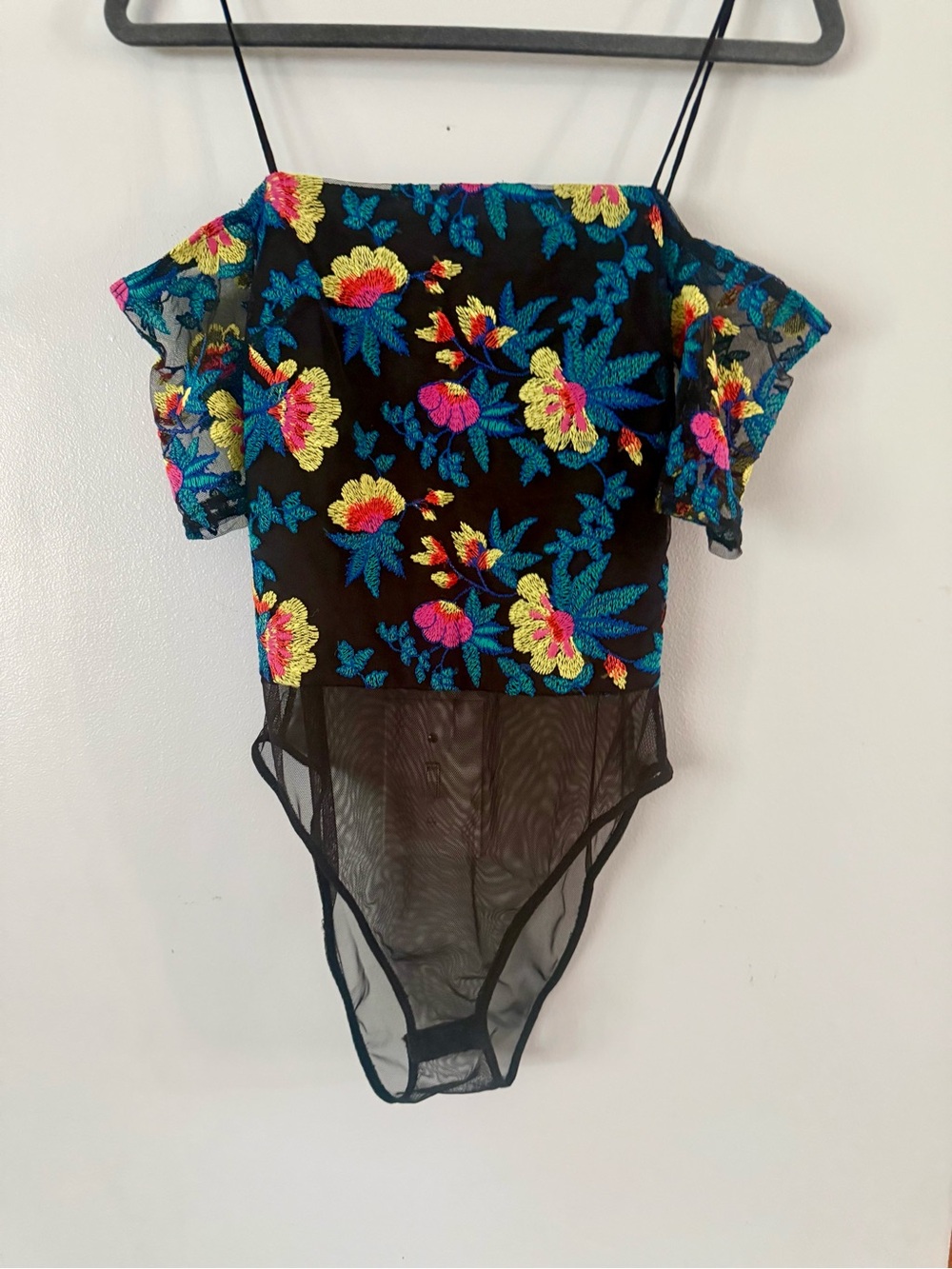 Topshop Black Floral Embroidered Mesh Bodysuit Cami Off Shoulder Size 6
